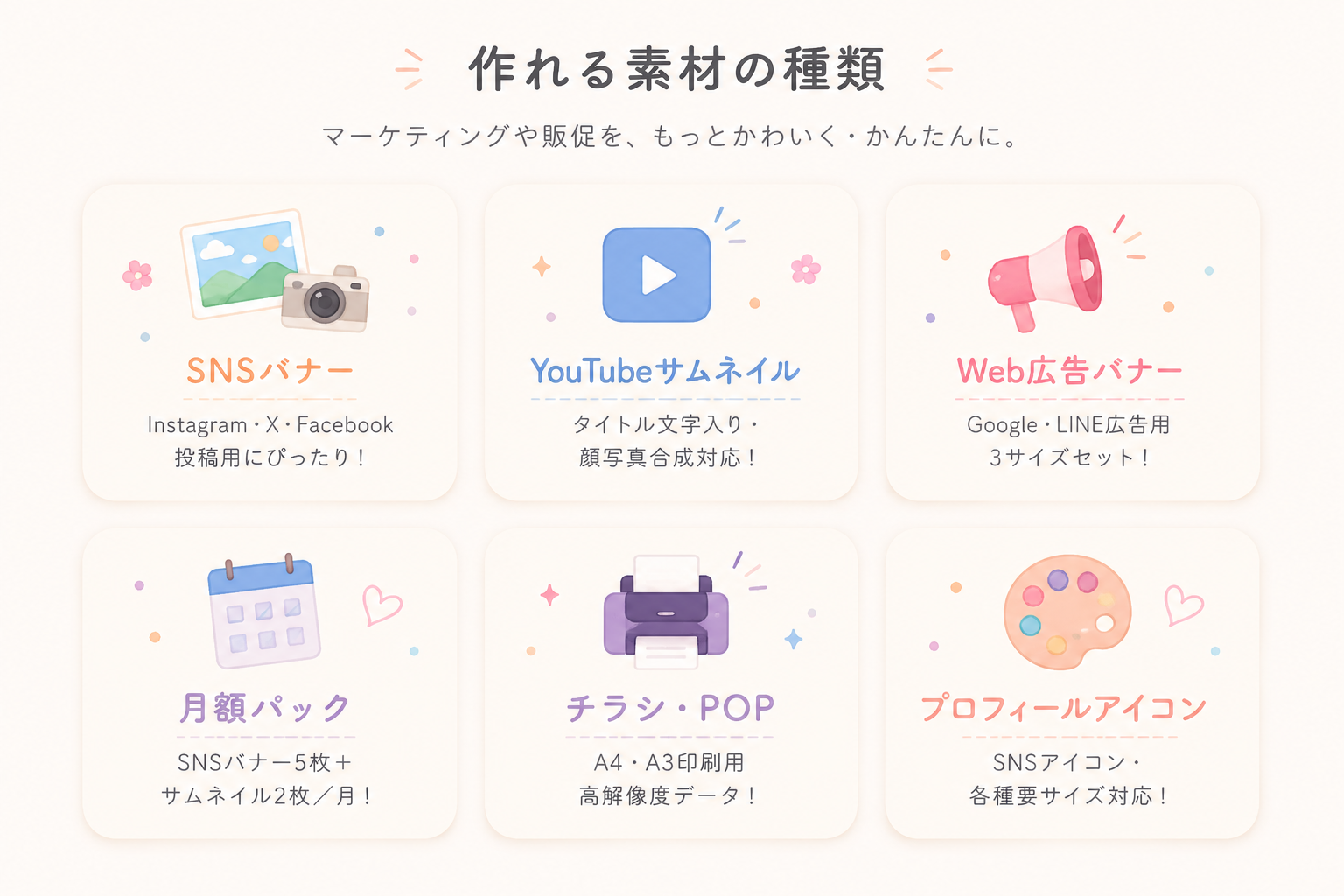 作れる素材の種類：SNSバナー・YouTubeサムネイル・Web広告バナー・月額パック・チラシ・POP・プロフィールアイコン